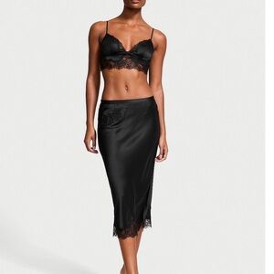 VS Black Lace Trim Satin Lingerie Set